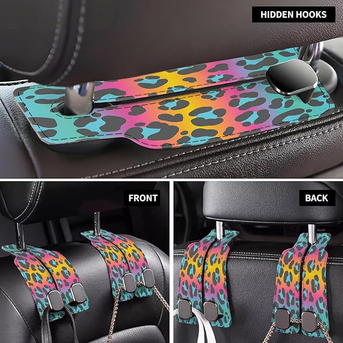 Car Seat Back Storage Headrest Hook, Premium Leather Double Metal Hook, Hanger Storage Organizer for Purse Cloth Bag, Car Interior Accessories Colorful Cute Leopard