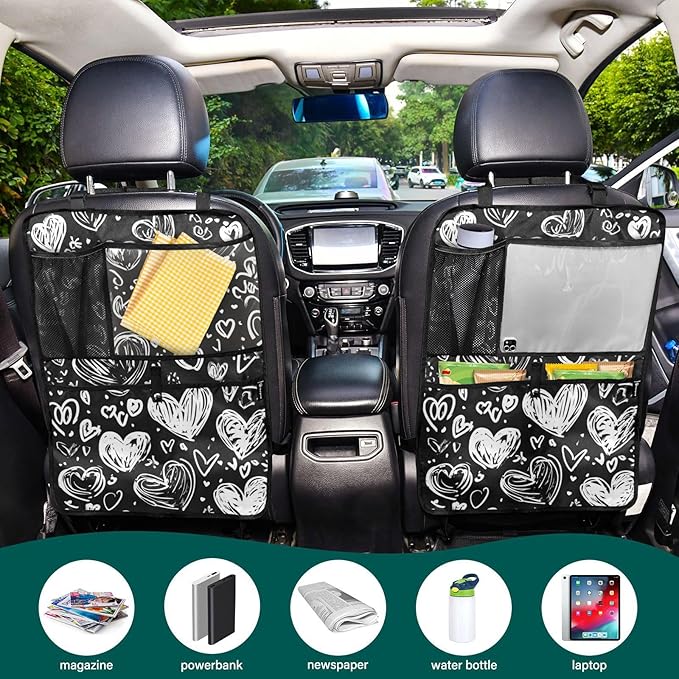 White Dodle Hearts 2 Pack Backseat Car Organizer with Storage Pockets Seat Back Organizers for Kids Kick Mats Backseat Protector Automotive
