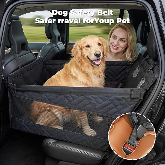 Large Dog Car Seat Integrated Hard-Back, Durable Waterproof Rear Seat Extension Pad Features Dual mesh Windows and Storage Pockets Fits sedans, SUVs, and Trucks