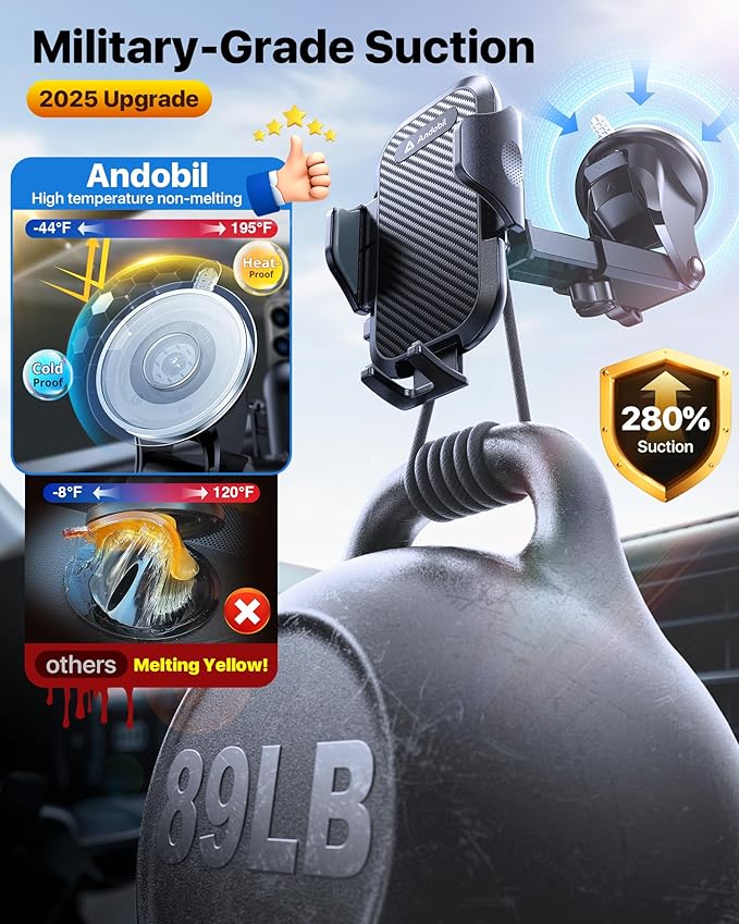 andobil Car Phone Holder, 2026 Military-Grade 89lbs Strongest Suction Phone Holders for Your Car Dashboard/Windshield/Vent Easy Clamp Car Phone Mount Stand for iPhone 17 16 15 14 13 Pro Max Samsung