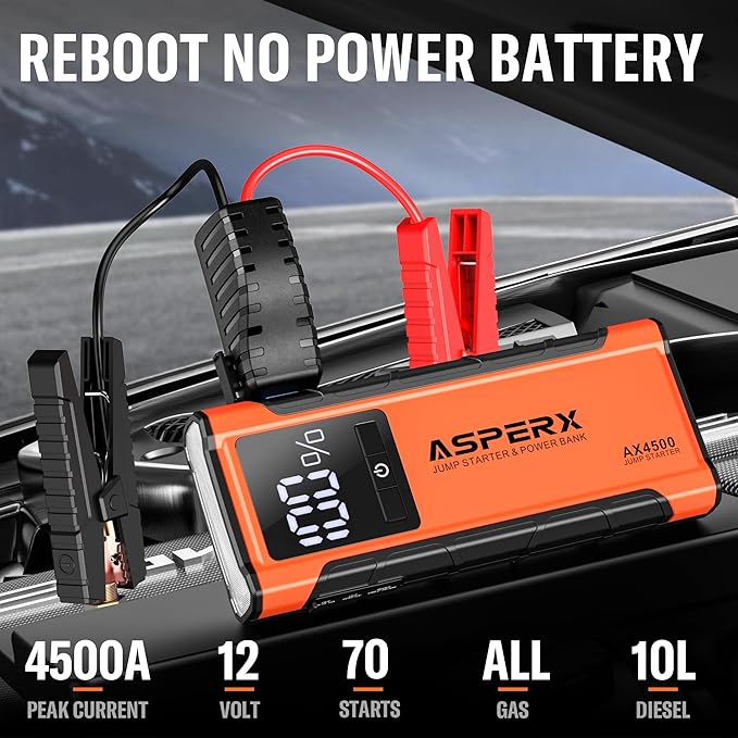 ASPERX AX4500 Jump Starter,4500A Peak Car Starter for Up to All Gas and 10.0L Diesel Engines,12V Battery Starter with 4 Inch LCD Display,Lithium Portable Car Battery Booster Pack