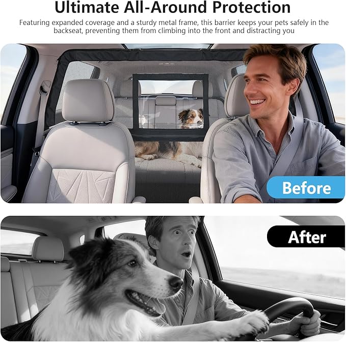 50" Pet Dog Car Barrier with Removable Visual Window, Pet Barrier for Car Escape-Proof, Back Seat Divider & Cargo Area Gate, Durable Dog Net for Car, Ideal for Trucks, SUV & Mid-Sized Vehicle