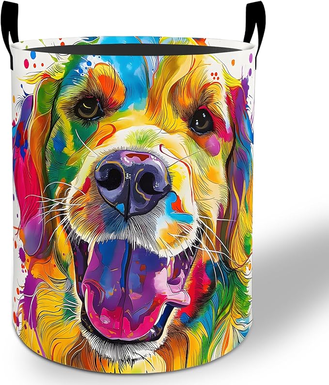 Golden Retriever Laundry Basket Hamper 19.7"x15.8", Dog Foldable Waterproof Oxford Clothes Storage Bucket for Room Bathroom Bedroom Nursery Decor, Toy Organizer Bins Gifts for Kids Boys Girls