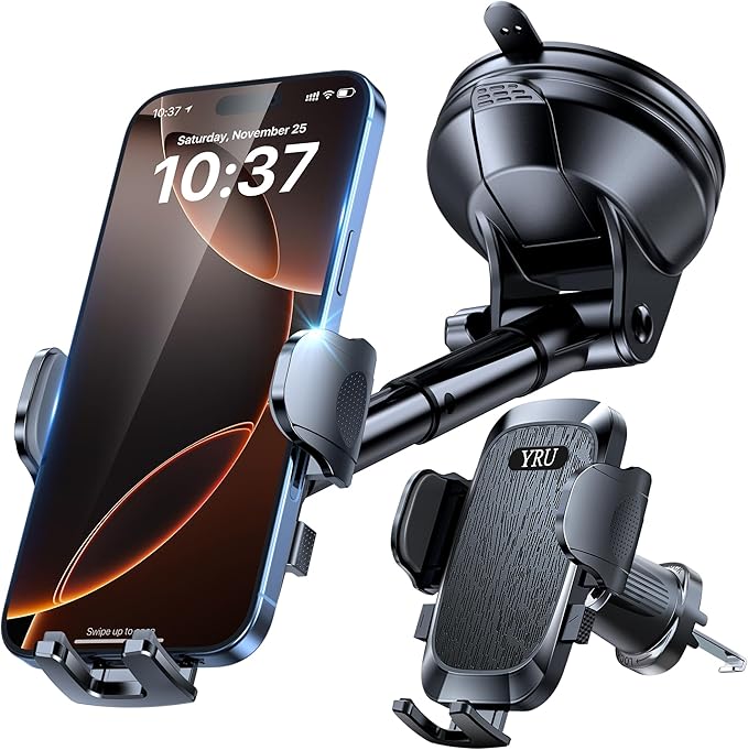 YRU True Military Grade Car Phone Holder Upgraded Strongest Rotatable Suction Cup Cell Phone Mount for Dashboard Windshield, Truck Cradle Dash Stand for iPhone 17 16 Pro Max 15 14 13 Android, Black