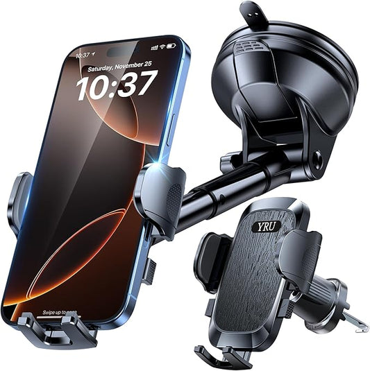 YRU True Military Grade Car Phone Holder Upgraded Strongest Rotatable Suction Cup Cell Phone Mount for Dashboard Windshield, Truck Cradle Dash Stand for iPhone 17 16 Pro Max 15 14 13 Android, Black