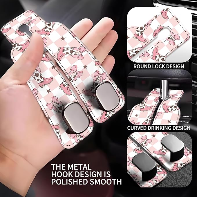 Car Seat Back Storage Headrest Hook, Premium Leather Double Metal Hook, Hanger Storage Organizer for Purse Cloth Bag, Car Interior Accessories Checkered Cow Bowtie