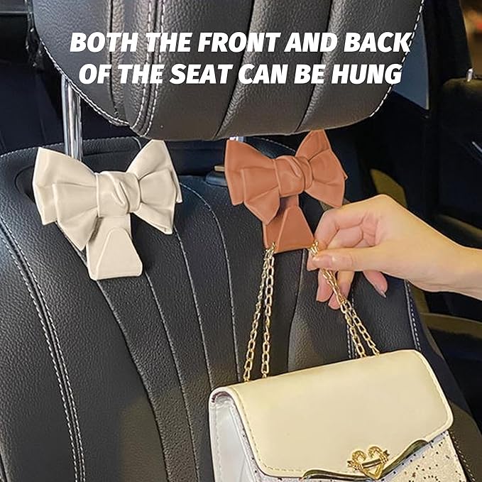 2 PCS Car Seat Headrest Hooks, Cute Bow Shaped Vehicle Backseat Storage Hooks, Leather Bow Shaped Sturdy Car Seat Back Hooks for Purses/Coats, Car Accessories (White)
