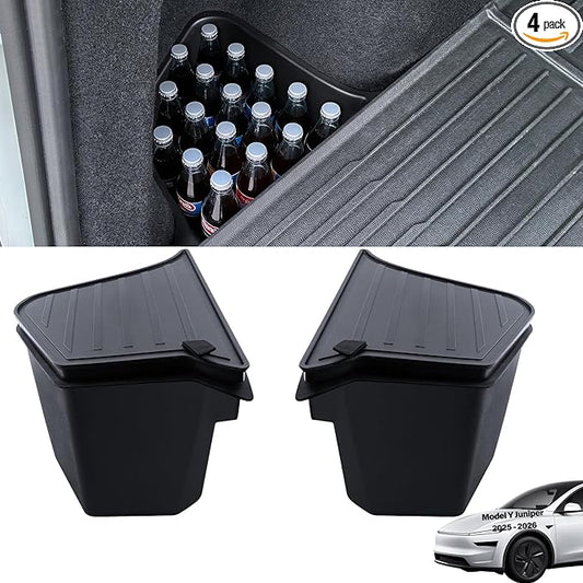 for Model Y Juniper Trunk Storage Bins with Lids 2PCS Trunk Rear Side Cargo Organizer Boxes Custom Fit Model Y Juniper Interior Accessories 2025 2026 Black TPE Waterproof