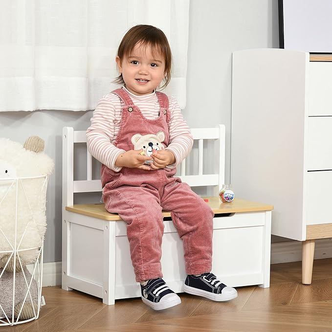 Qaba Toddler Toy Box Storage Bench with Large 27 L Interior, Kids Storage Bench Seat with Storage for Toddler Playroom Furniture, Kids Bedroom Furniture, Toy Organizer and Storage Bin White