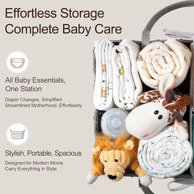 HBlife Baby Diaper Caddy Organizer, Large Portable Scalloped Plastic Wicker Woven Basket with Divider, Nursery Diaper Station, Baby Shower Gifts Basket, Car Organizer, Washable Waterproof