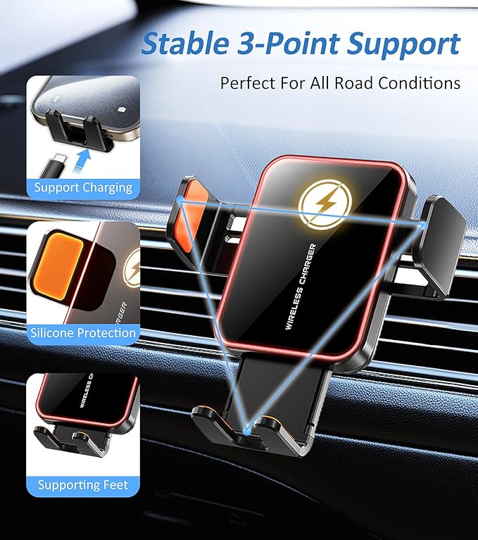Wireless Car Charger, BLESSOURCE 7 Color RGB Backlit 15W Fast Charging Auto Clamping Car Mount Charger, Air Vent Phone Holders for Your Car Accessory for iPhone 17/16/15/14/13 Series,Samsung, Android