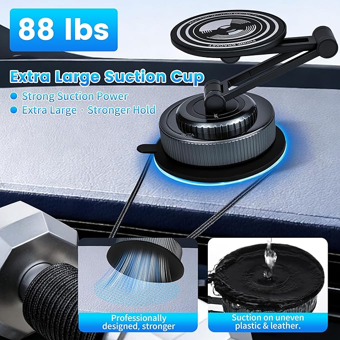 PIEPIE Magnetic Car Phone Holder Mount Heavy Duty Metal Dash/Windshield Large Suction Cup for Non-Smooth Leather/Plastic Surfaces, 360° Adjustable Phone Stand for iPhone Android Truck Car Accessories