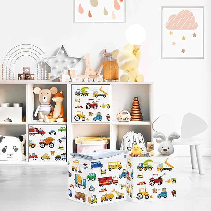 Clastyle Cars Storage Cube Organizer Set Handle Closet Clothes Cube with Metal Frame Foldable Parents Organizer Storage Basket for Book Toy,Cartoon Truck,11.8x11.8x11.8 in