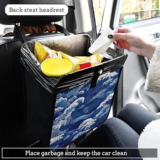 Car Trash Can Organizer Bin with Adjustable Strap for Back Front Seat Console Waterproof Leakproof Collapsible Portable 11 Inch Blue Ocean Waves