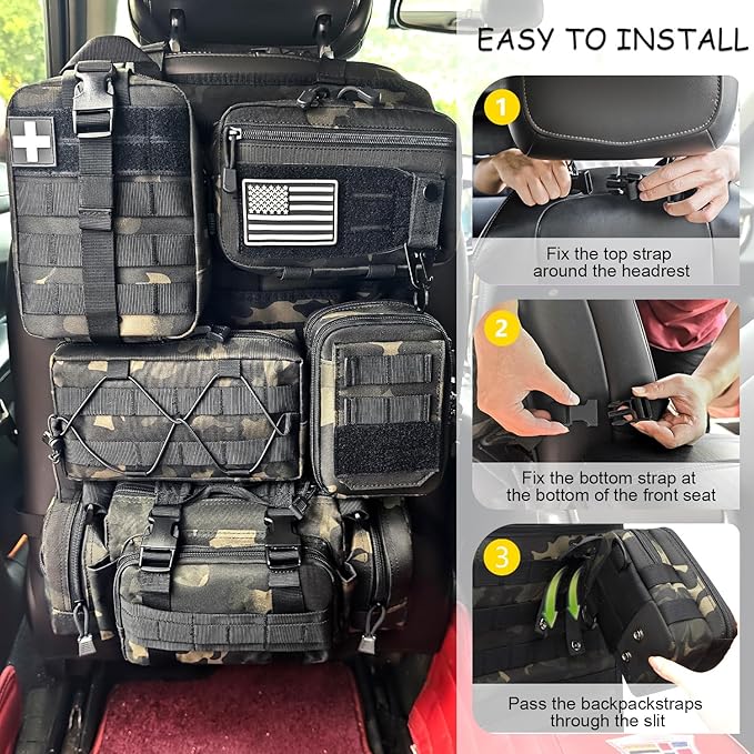 Tactical Car Seat Back Organizer, 2025 Upgrade Tactical Vehicle Panel Organizer with 5 Detachable Molle Pouch for Car Truck Ford Jeep Vehicle (Dark CM)