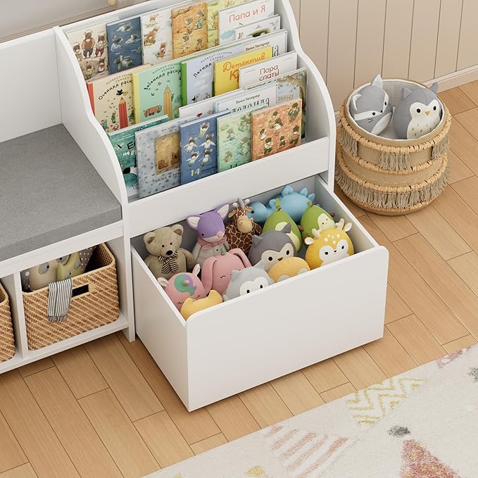 HOSTACK 67" W Kids Reading Nook with Toy Storage Organizer, Large Kids Bookshelf with Toy Storage Box on Wheels, Big Kid Bookcase with Bench and 6 Open Cubbies for Playroom, Kid Room, White
