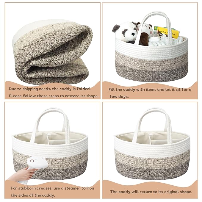 luxury little Diaper Caddy Organizer, Large Cotton Rope Nursery Baby Basket, Changing Table Organizer for Baby Diaper Storage, Portable Car Organizer Removable Divider (Gradient Brown, Extra Large)