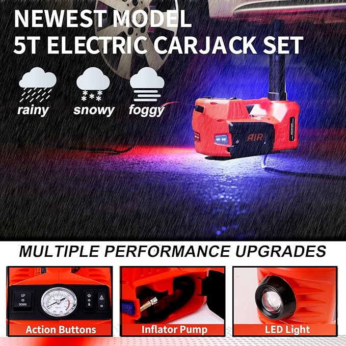 ROGTZ Electric Hydraulic Car Jack Kit 5 Ton 12V Portable Lift Range 17.7 Inch with Impact Wrench and Tire Inflator Pump for SUV Sedan Truck Car Repair Floor Jack for Vehicle Tire Change with LED Light