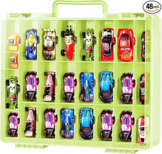 FULLCASE Toys Organizer Storage Compatible with Hot Wheels Car, Container for Matchbox Cars, Mini Toy, Small Dolls, Double Sided Carrying Box for Hotwheels - 48 Compartments (Case Only) Green