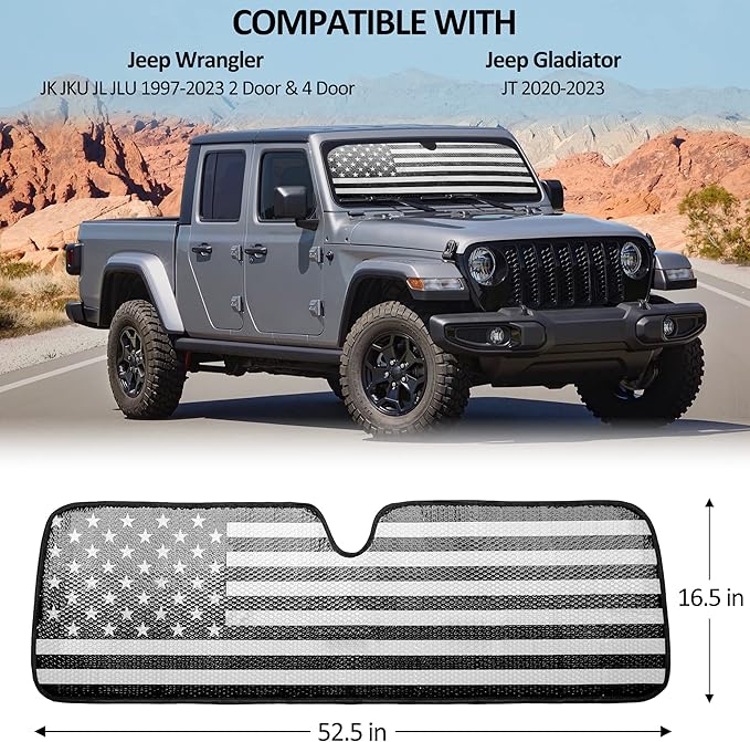 Litivy Windshield Sun Shade Compatible with Jeep Wrangler JK JKU JL JLU 1997-2023 & Jeep Gladiator JT 2020-2023 16.5"x52.5" Folding Front Window Sun Shade for Car Accessories (American Flag)