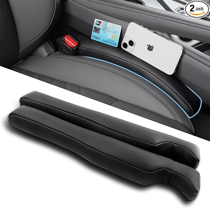 Car Seat Gap Filler - 2 Pack Premium Leather Console Blockers for Cars, Trucks & SUVs - Adjustable 1.4-2.4 Inch Width - Prevents Items Falling Between Seats (Black)