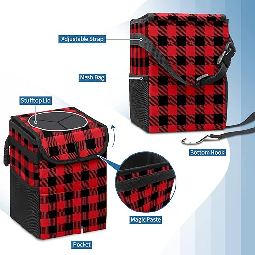 Red and Black Buffalo PlaidCar Trash Can with Lid Collapsible Reusable Waterproof Car Garage Bag,Automotive Garbage Can,Car Accessories Interior Car Organizer