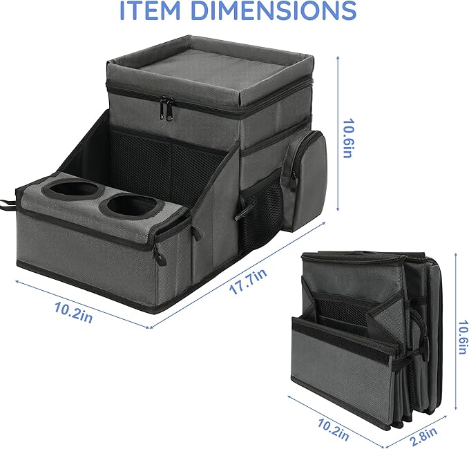 Car Organizer for Front Seat Organizer and Storage, Collapsible Car Caddy, Passenger Seat Organizer with Partitions & Cup Holders, Car Organization for kids and Adults (Grey)