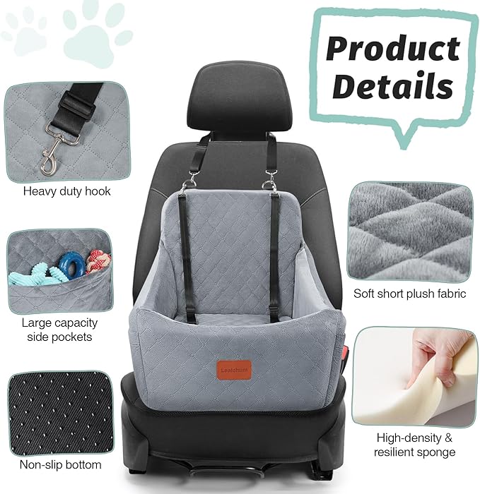 Lealchum Dog Car Seat for Medium Dogs Up to 40lbs,Fully Detachable and Washable,Easy to Install with Adjustable Straps,Anti-Slip Base Travel Car Bed for Pets,2 Side Pockets(Grey,Medium)