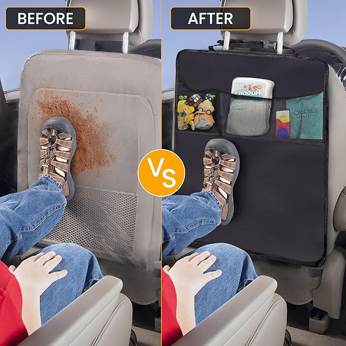 EcoNour Car Back Seat Organizer & Kick Mat Protector 2 Pack – Waterproof Car Seat Back Protectors for Kids with Storage Pockets, Backseat Cover for Dirt, Mud & Scratch Protection, Travel Accessories
