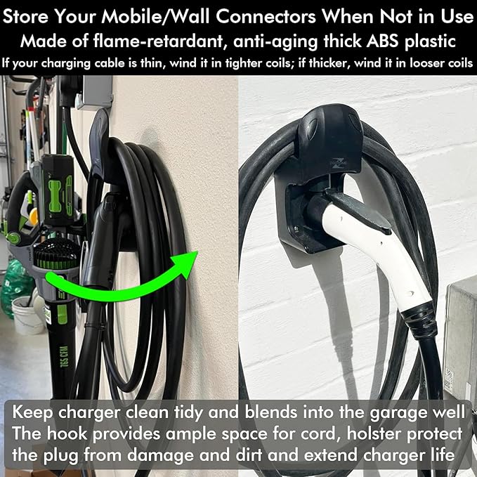 EV Charging Cable Holder, Swivel Electric Car Charger Wall Mount with 3-Types Wall Anchor for All Walls, J1772 Holder for Tight Garage, Outdoor Cord Organizer Use, Save 50% Space