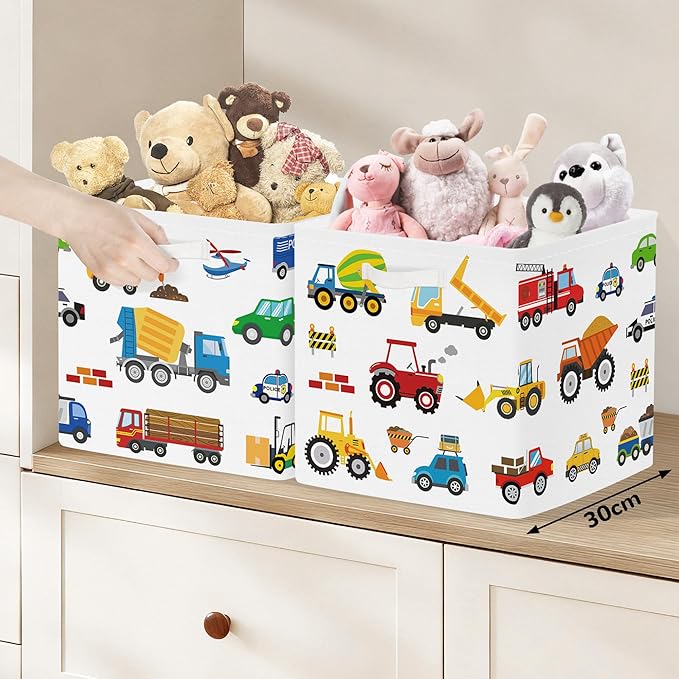 Clastyle Cars Storage Cube Organizer Set Handle Closet Clothes Cube with Metal Frame Foldable Parents Organizer Storage Basket for Book Toy,Cartoon Truck,11.8x11.8x11.8 in