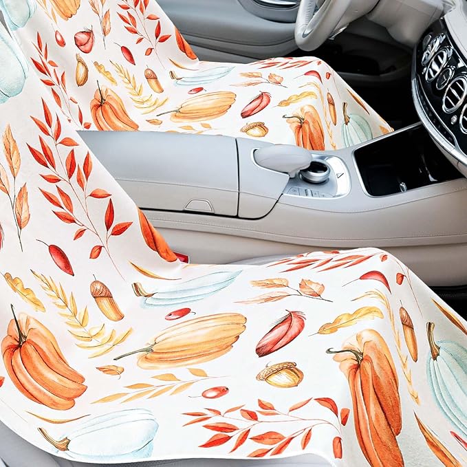 Hahafelt 2 Pack Car Seat Towel Covers with Storage Bag 63 x 32 Inch Athletic Running Towel Seat Sweat Washable Non Slip Cover Gift for Car Outdoor Sport Activities (Pumpkin Pine Cones)