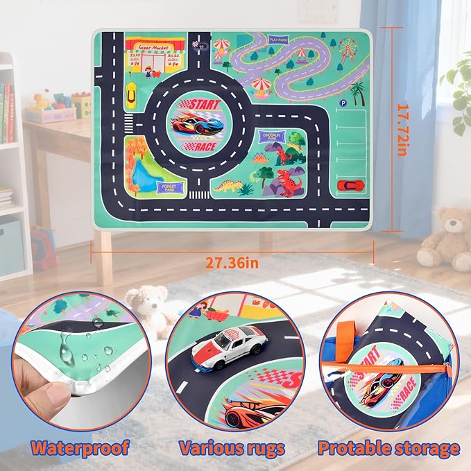 Toy Car Storage Bag for Hot Wheels for Matchbox for LEGO for AZEN for JOYIN for Tub Works Cars Toy Car Organizer Holder with Rug Race Track Mat for 96 Mini Cars - Blue (Case Only) (Blue+Playmat)