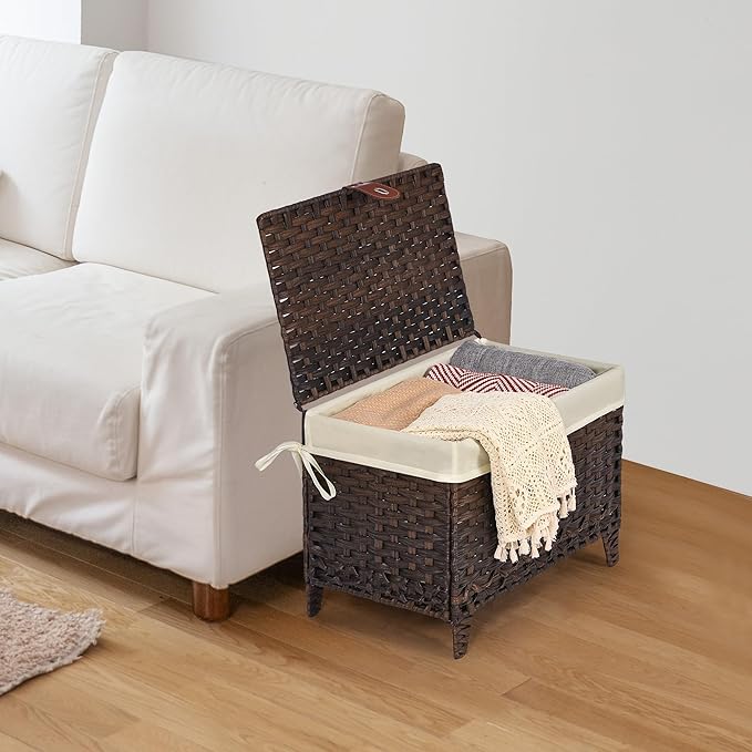 Honjourai Wicker Storage Basket with Lid,Rattan Shelf Basket with Removable Liner Bag,65L Storage Bin,Storage Trunk with Heightened Feet,Storage Container for Wardrobe,Home Organizer