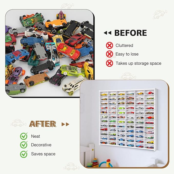 Toy Car Storage Display Case, 72 Slots Model Car Display Shelf for 1/64 Scale Toy Cars, Wall Mount Organizer Rack for Diecast Models (White)
