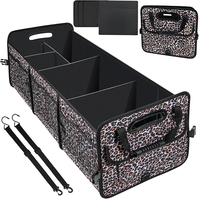 Leopard Print Trunk Organizer - 95L Large Capacity, Non-Slip Bottom, Waterproof, Portable Car Storage for SUV, Truck, Sedan