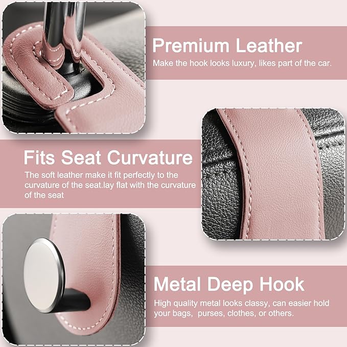 JESTOP Leather Car Seat Storage Hanger, 2 Pack Stylish Hooks for Purses Bags, Coats Umbrellas, Pink