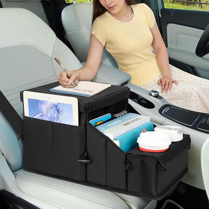 Car Organizer for Front Seat Organizer and Storage, Collapsible Car Caddy, Passenger Seat Organizer with Partitions & Cup Holders, Car Organization for kids and Adults (Black)