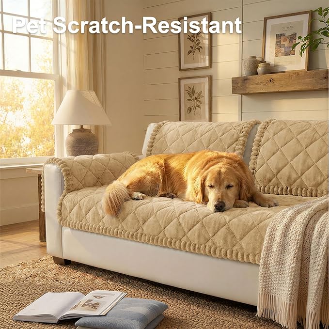 Smiry Fuzzy Couch Cover for Dogs, Non Slip Washable Pet Sofa Cover, Scratch Proof Hair Resistant Plush Sofa Slipcover, Pet Friendly Couch Cushion Protector for Cat, Camel, 27.6" x 70.9"