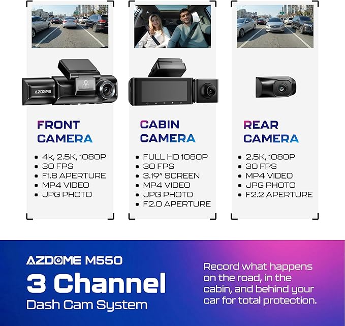 AZDOME M550 3CH Dash Cam 4K - 3.19" Screen IR Night Vision - 24H Parking Mode - 3-Channel Dash Cam - Interior IR Camera - Built-in GPS & WiFi - Three-Mode Parking Monitor