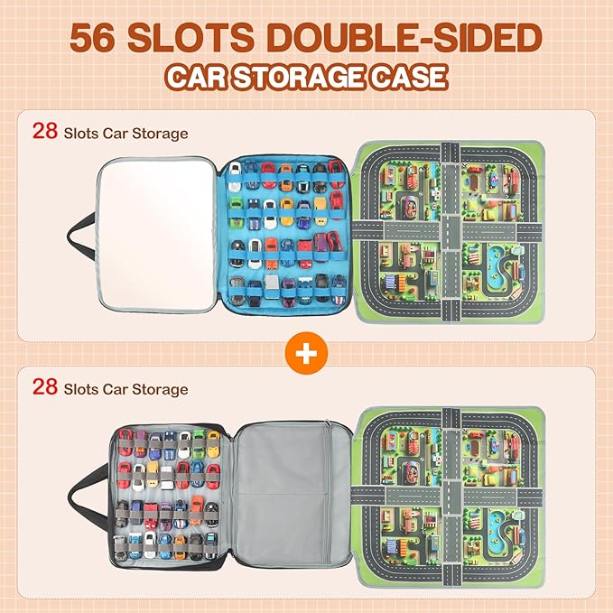 56 Slots Car Storage Case with Play Mat for Hot Wheels Garage & Matchbox Cars, 1/64 Scale Diecast Toy Car for Double-Sided Storage Carrying Bag, Portable Organizer for Hot Wheels Display Case