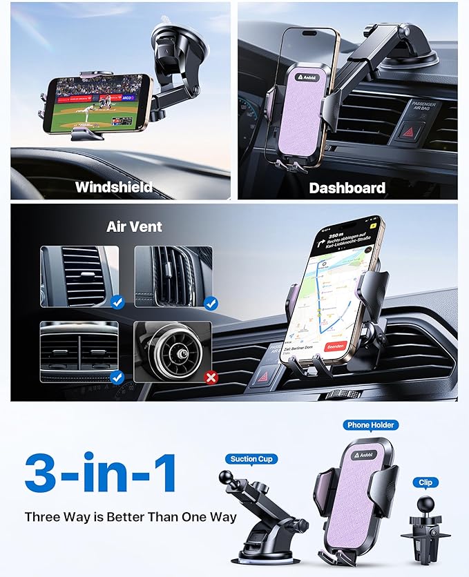 andobil Car Phone Holder, 2026 Military-Grade 89bs Strongest Suction Phone Holders for Your Car Dashboard/Windshield/Vent Easy Clamp Cellphone Holder Truck Stand for iPhone 17 16 15 Pro Max, Purple