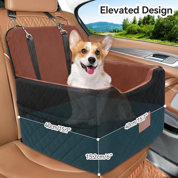 GL GLENSLAVE Dog Car Seat for Small/Medium Dogs Under 35lbs,Memory Foam Dog Booster Seats,Detachable and Washable Traval Pet Car Seat, Dogs Bed with 2 Safety Belts(Balck/Brown)