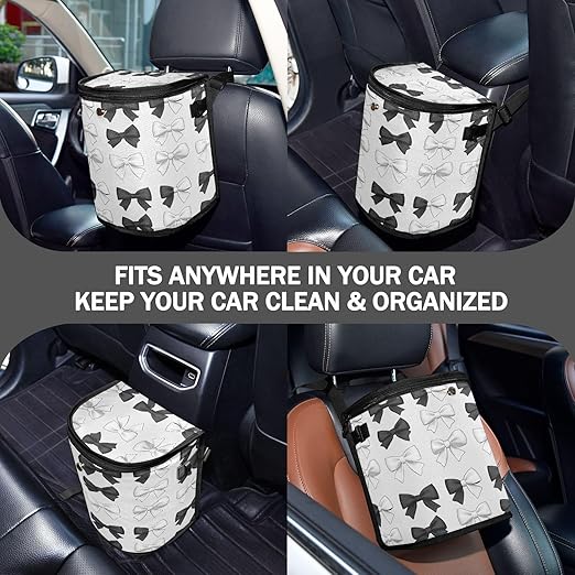 Car Trash Can Black White Bows Car Garbage Bag with Lid Hanging Waterproof Leak Proof Vehicle Storage Bin