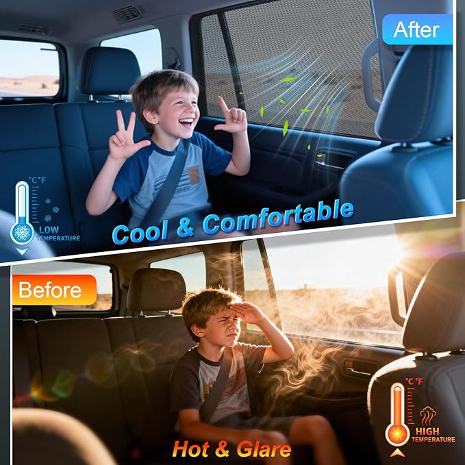 PEYOU Car Window Shades for Baby 2 Pack, Stretchable & Breathable Spandex Rear Side Car Sun Shade for Camping, Blocks UV Rays & Sun Glare for Kids/Adults/Pets - 44.9"X25.6" Fits 99% Cars