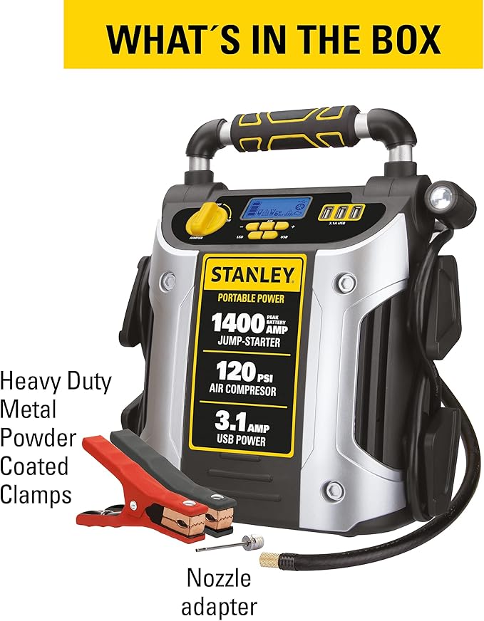Stanley J7C09D 1400 Peak Amp Automotive Jump Starter, Portable Power – Triple 15W USB Ports, 120 PSI Air Compressor for Tires & Sports Equipment