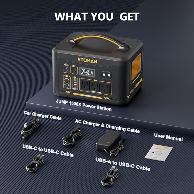 VTOMAN Jump1500X Portable Power Station, 828Wh LiFePO4 Battery Solar Generator with Jump Start, 1500W AC Outlet, 100W PD Type-C, Large Capacity Expandable to 2376Wh for Camping, RV Travel, Home Backup
