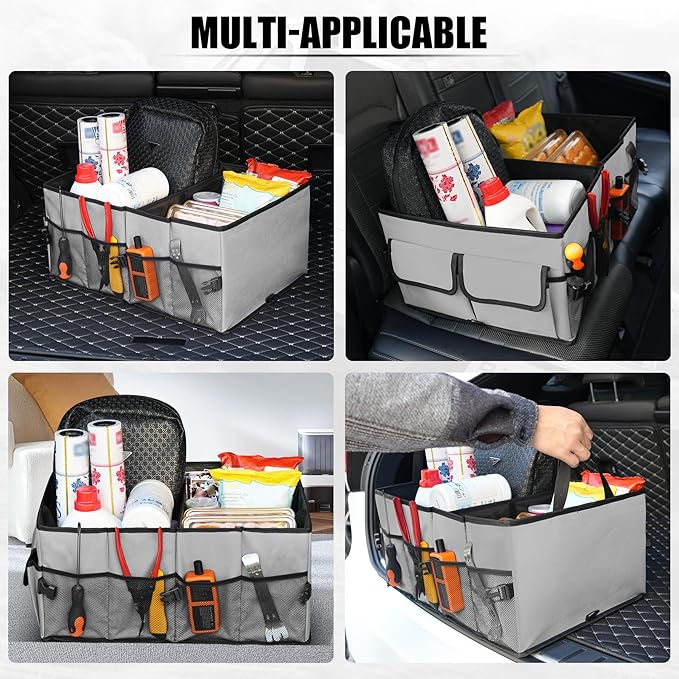 UYYE Auto Collapsible Trunk Organizer, 3 Large Compartments and 6 Pockets Durable for Cargo Storage, Easy to Storage Tools With Adjustable Securing Straps and Non-Slip Bottom for Car (Grey)