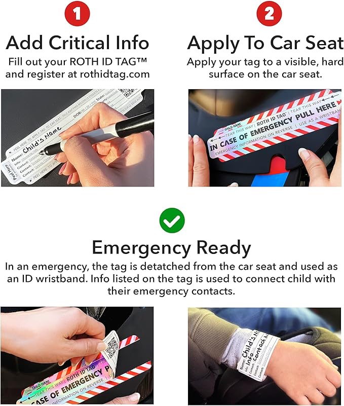 Emergency Contact Identification System for Car Seats, Booster Seats, Baby Gear | Original ROTH ID TAG Kit (2 Tags)