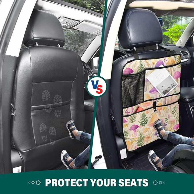 2 Pack Back Seat Car Organizer with Storage Pockets Kick Mats Back Seat Protector Hanging Car Organizer Automotive Seat Back Cover Organizers Mushroom Colorful Pattern